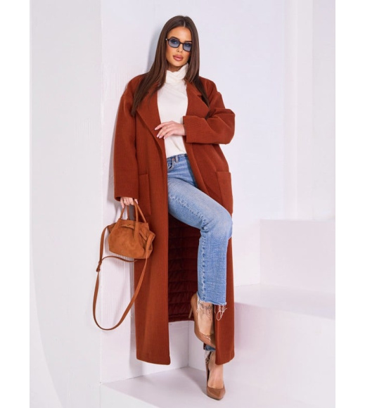 Терракотовое комбинированное пальто-кардиган с карманами