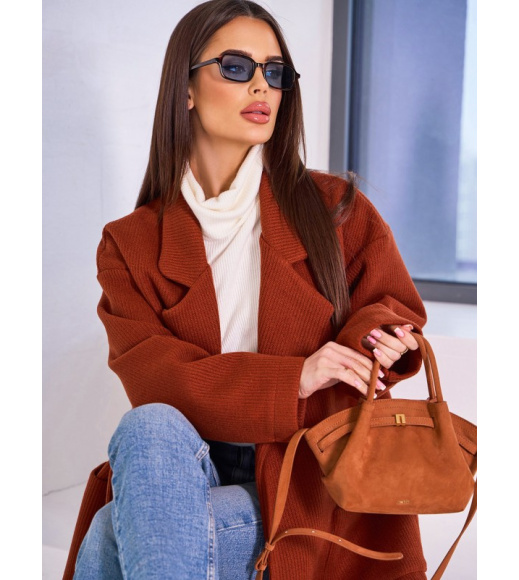 Терракотовое комбинированное пальто-кардиган с карманами