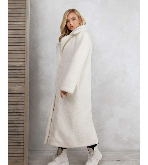 Белое удлиненное фактурное шерстяное пальто