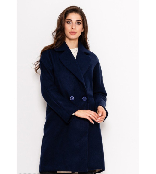 Темно-синє однотонне двобортне демісезонне пальто з кашеміру з кишенями