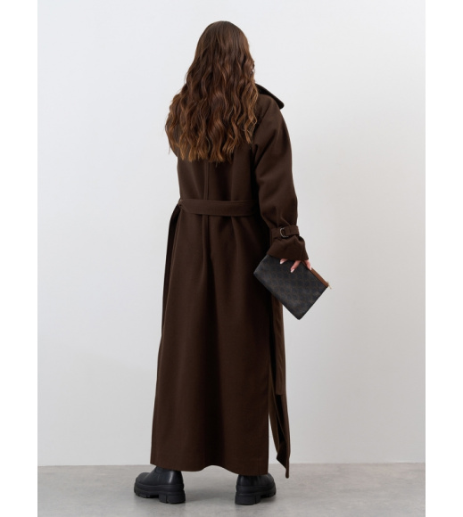 Темно-коричневое длинное кашемировое пальто с разрезами
