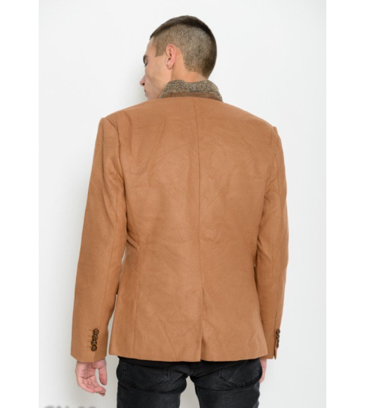 Коричневе пальто-піджак прямого крою з оригінальним коміром-стійкою