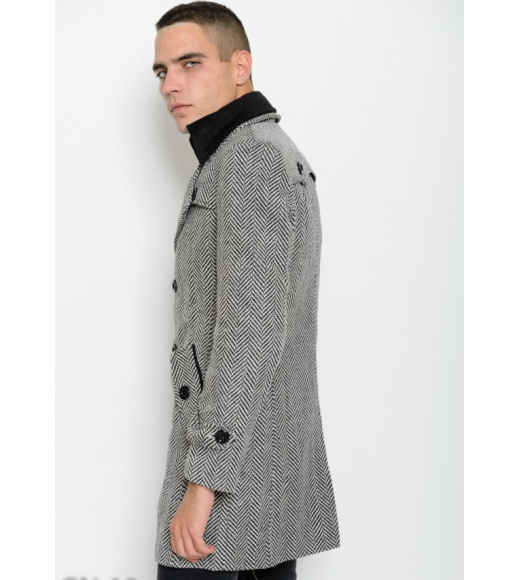 Черно-белое полосатое демисезонное пальто с поясом и отстегным черным верхним воротником