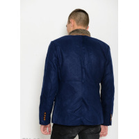 Темно-синє пальто-піджак прямого крою з оригінальним коміром-стійкою