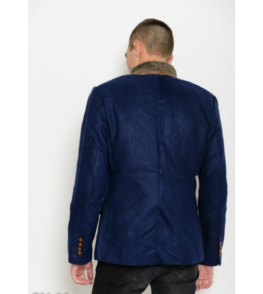 Темно-синє пальто-піджак прямого крою з оригінальним коміром-стійкою