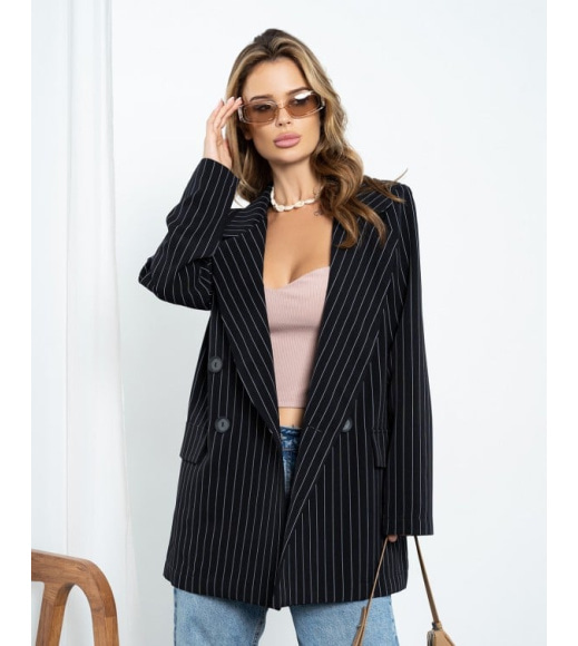 Черный полосатый двубортный пиджак