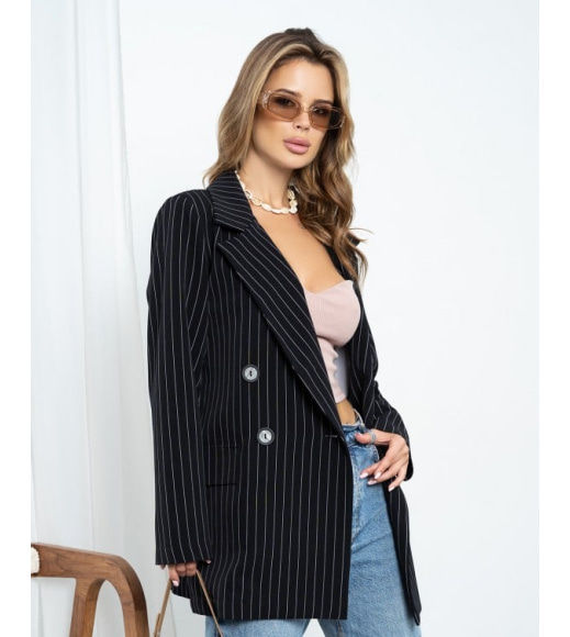 Черный полосатый двубортный пиджак