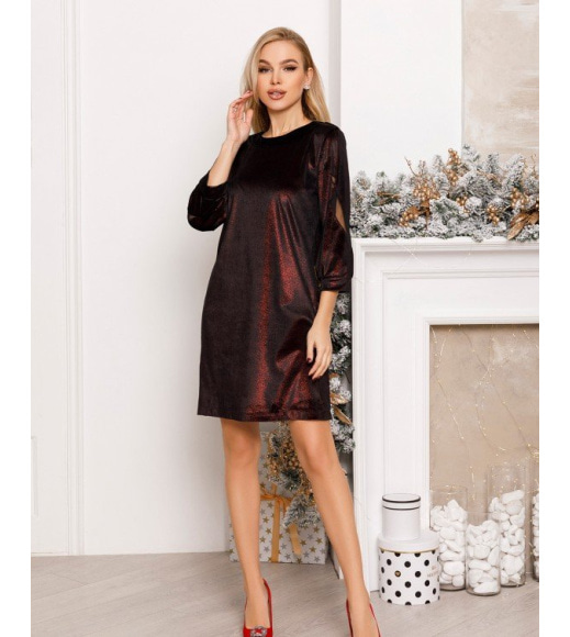Черно-бордовое велюровое платье с сетчатыми вставками