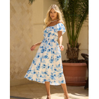 Бело-голубое цветочное платье с объемными рукавами