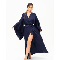 Темно-синя шовкова довга сукня-халат на запах