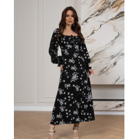Черное цветочное платье с разрезом