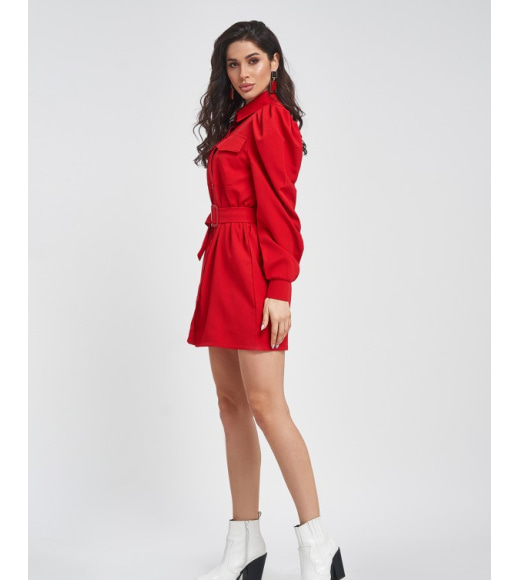Красное платье-рубашка с присборенными рукавами
