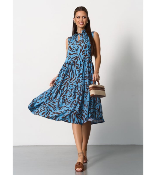 Бирюзово-коричневое хлопковое платье трапеция