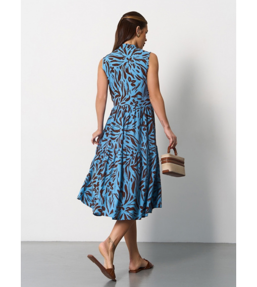 Бирюзово-коричневое хлопковое платье трапеция