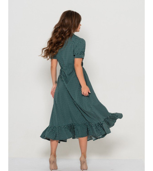 Зеленое в горошек платье с кулиской и воланом