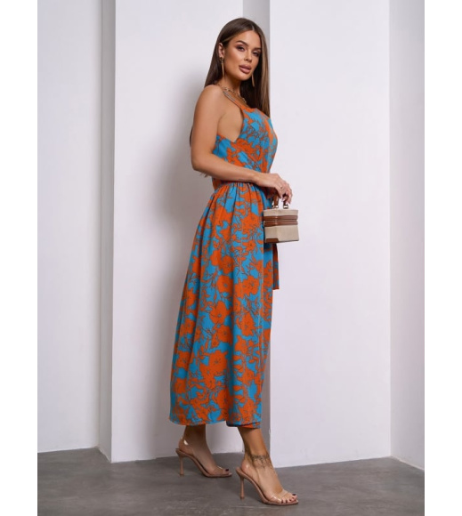 Бирюзово-оранжевый сарафан с запахом