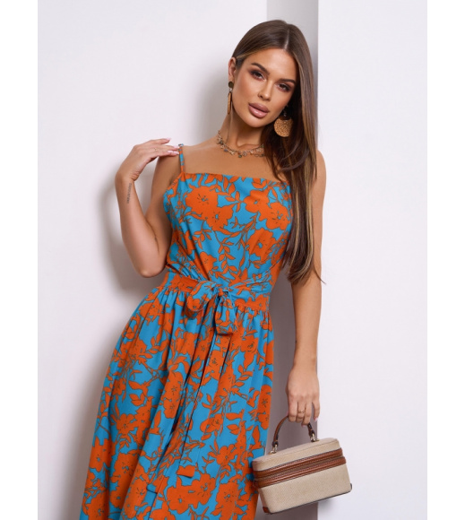 Бирюзово-оранжевый сарафан с запахом