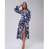 Темно-синее ретро платье с разрезом и длинными рукавами