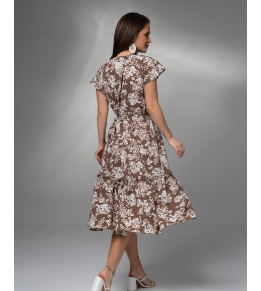 Коричневое цветочное платье с завязкой у горловины