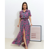 Зелено-розовое длинное платье-рубашка