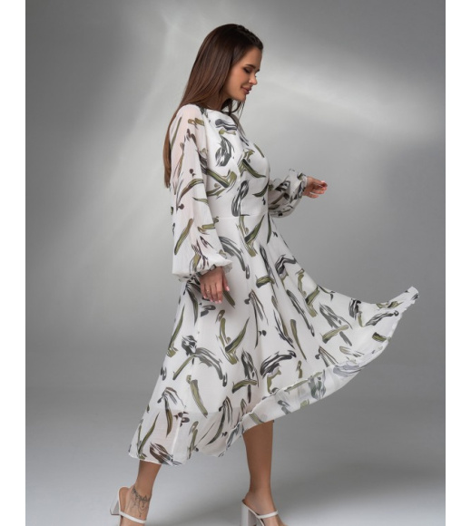 Біло-оливкова принтована сукня із шифону