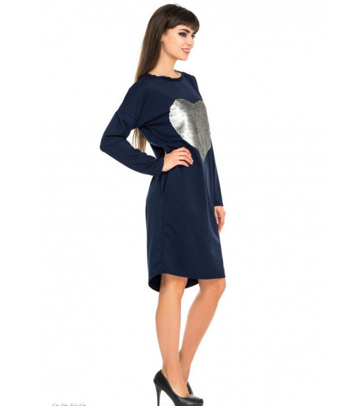 Свободное синее платье из двунити с вышивкой двусторонними матовыми пайетками