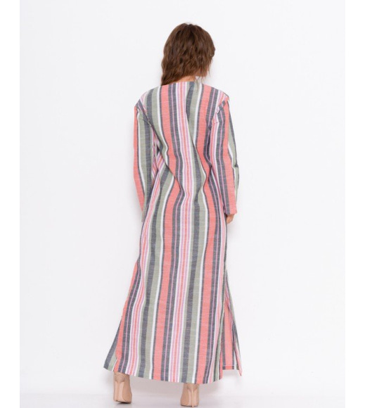 Льняное полосатое длинное платье с карманом