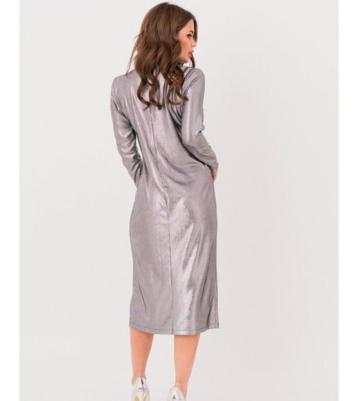 Серебритое нарядное платье с боковым разрезом