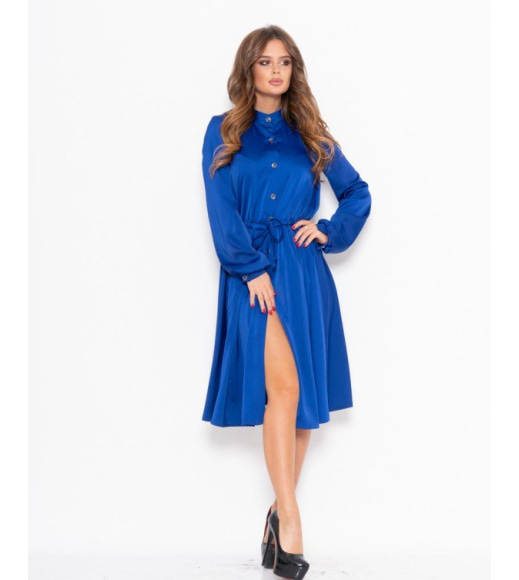 Синее сатиновое платье с пуговицами и кулиской