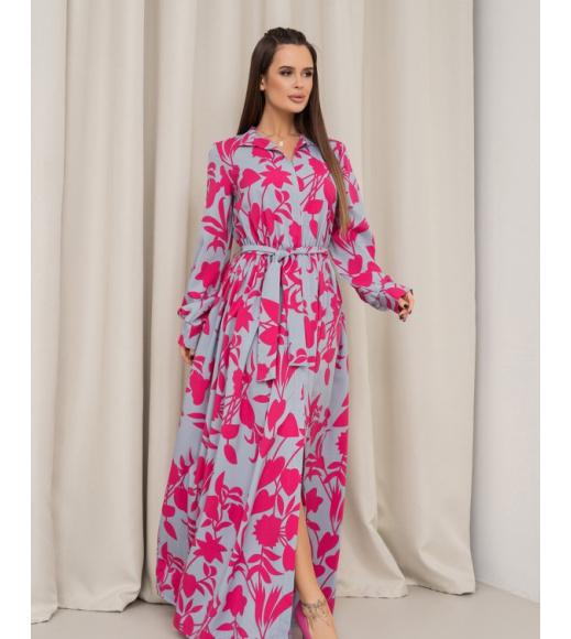 Длинное серо-розовое платье с разрезом