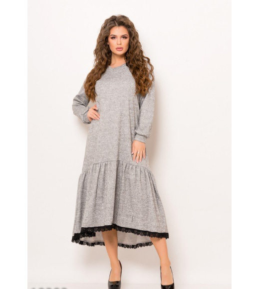 Світло-сіре меланжеве ангорове довге плаття з широким воланом
