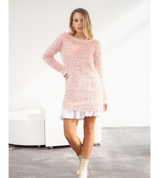 Розовое комбинированное платье из пряжи-травки