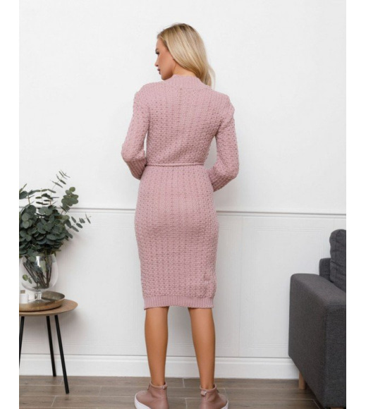Розовое шерстяное платье комбинированной вязки