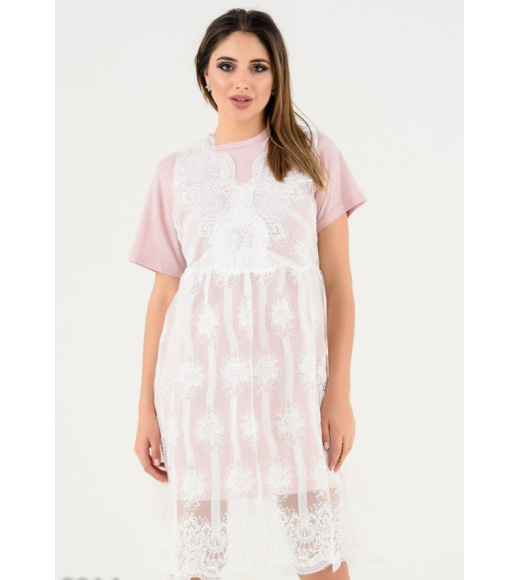 Сиреневое платье-футболка с верхним кружевным платьицем