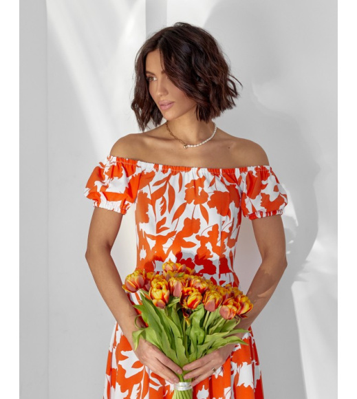 Оранжевое ретро платье с открытыми плечами