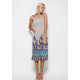 Бежеве літнє плаття з глибоким декольте і фіолетовим мереживом на спинці