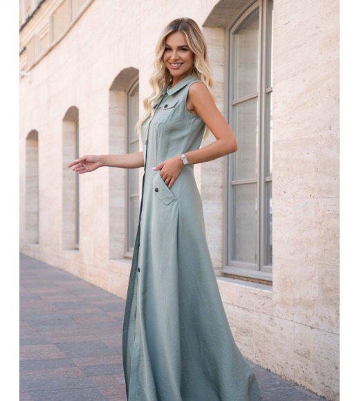 Оливковое длинное платье-рубашка из льна