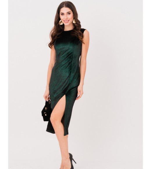 Черно-зеленое велюровое блестящее платье с разрезом