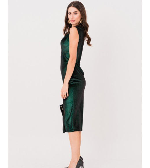 Черно-зеленое велюровое блестящее платье с разрезом