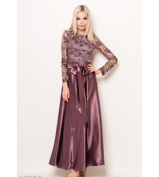 Сиреневое атластное вечернее платье в пол с блестящим лифом и полупрозрачными рукавами