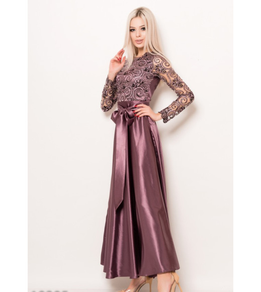 Сиреневое атластное вечернее платье в пол с блестящим лифом и полупрозрачными рукавами