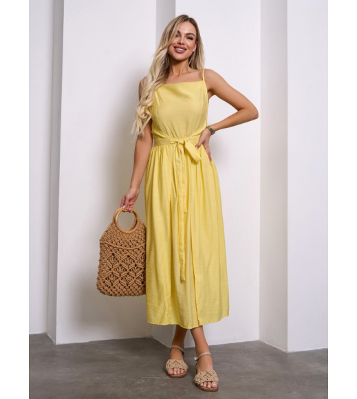 Желтый льняной сарафан кроя на запах
