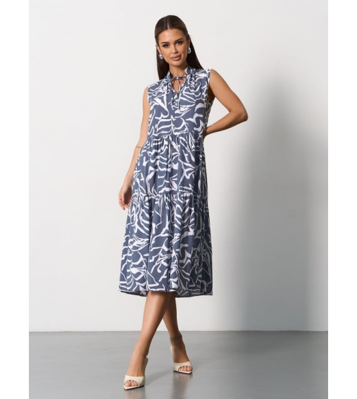 Серо-белое хлопковое платье трапеция