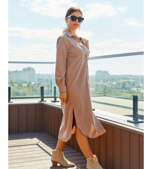 Бежеве вельветове плаття-сорочка міді довжини