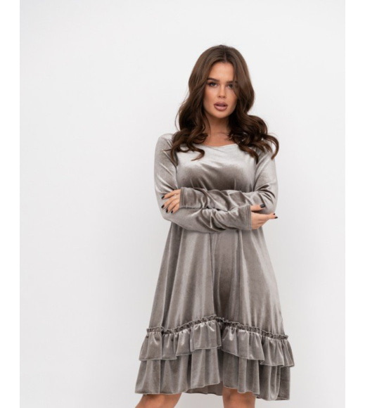 Сіра велюрова сукня-трапеція з воланами