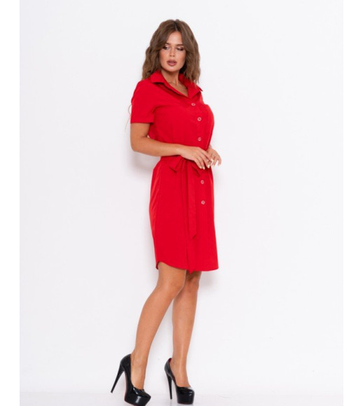 Червона сукня-сорочка з поясом і кишенею