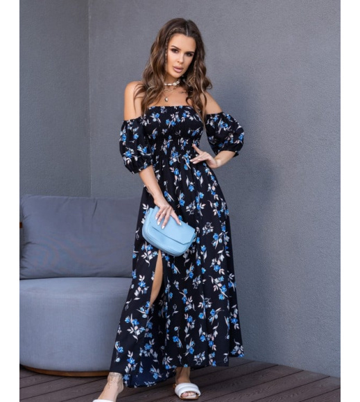 Чорно-блакитна квіткова сукня з ліфом-жаткою