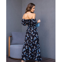 Черно-голубое цветочное платье с лифом-жаткой