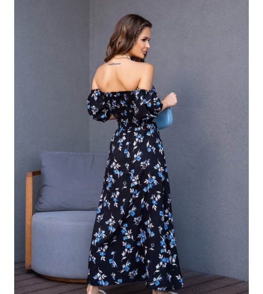 Черно-голубое цветочное платье с лифом-жаткой