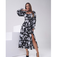 Черно-белое ретро платье с разрезом и длинными рукавами